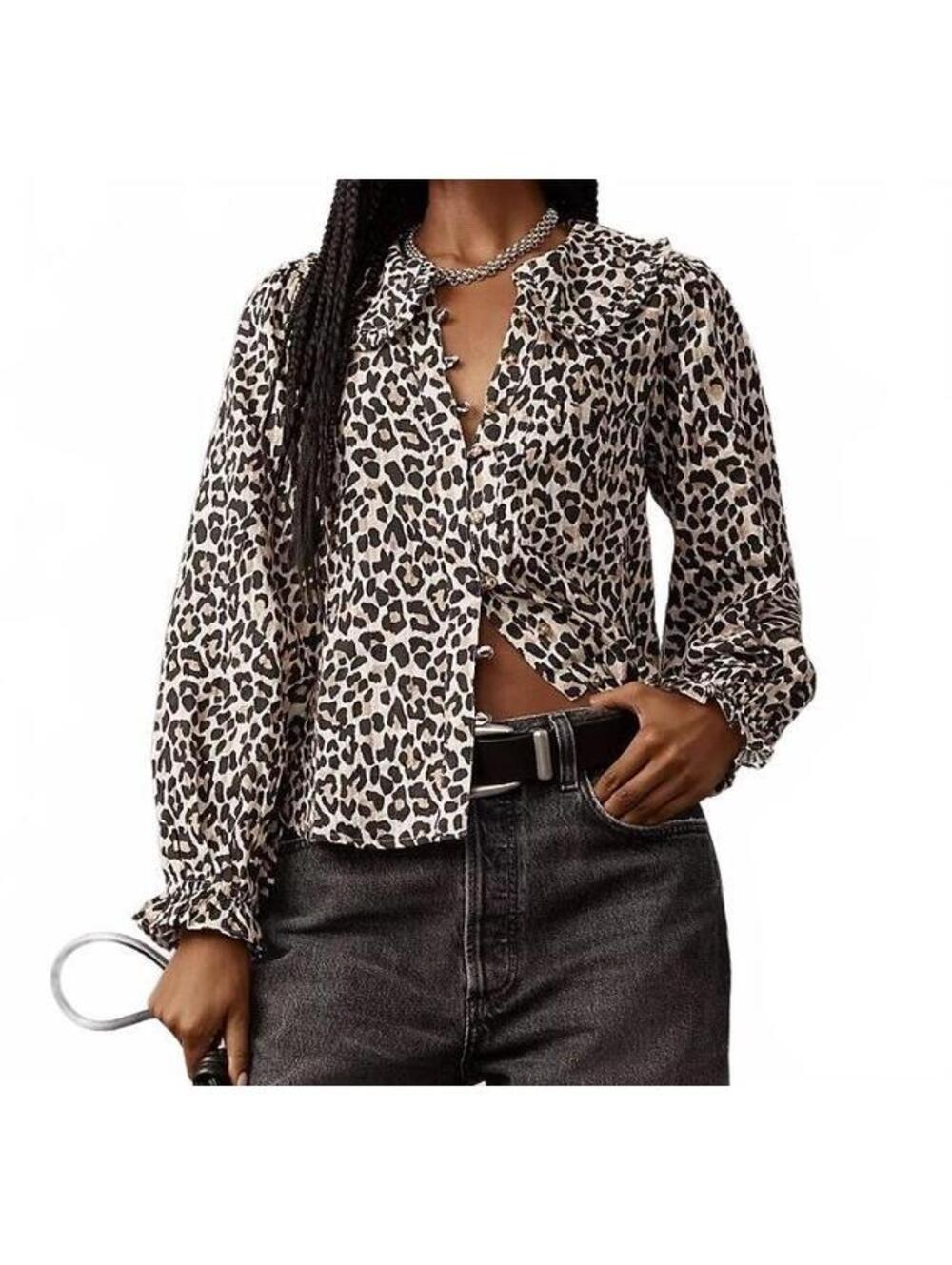 Rare Anthropologie Pilcro Keira Leopard Blouse Ruffle Peter Pan Collar Top S
